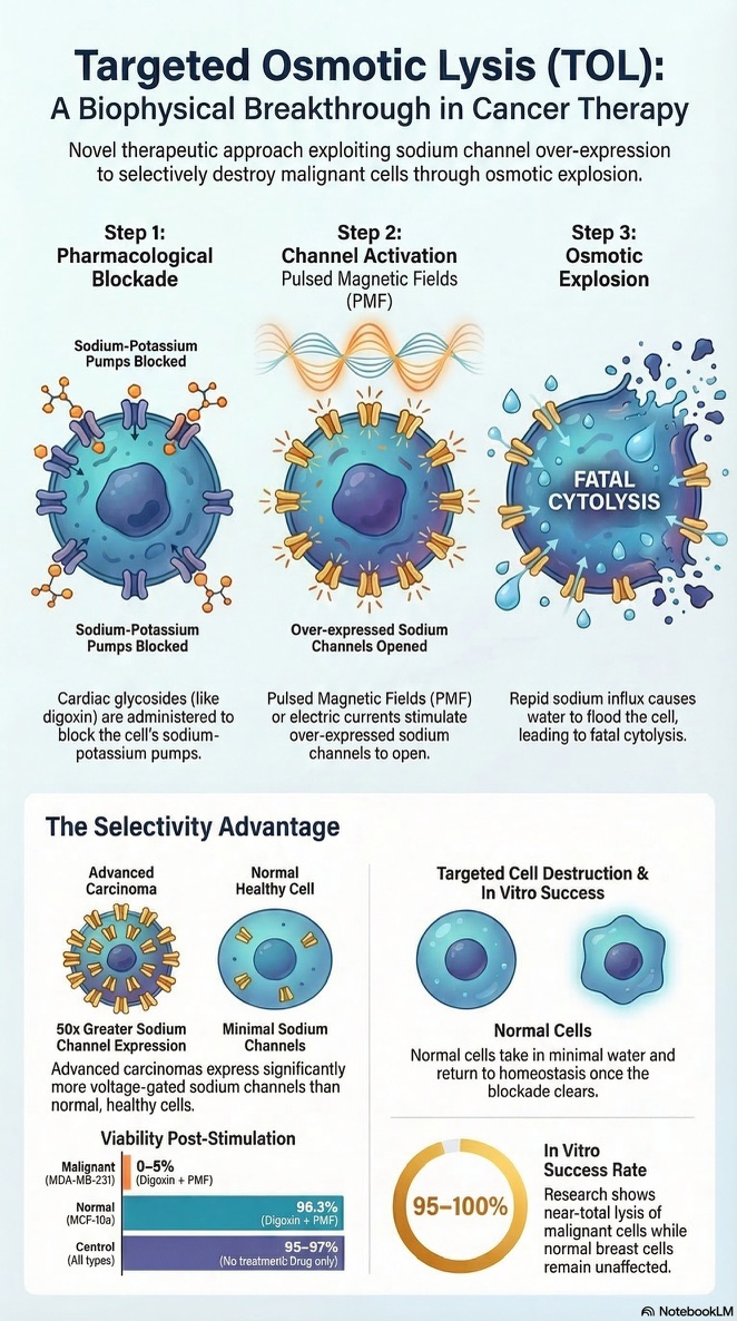 Educational infographic titled Targeted Osmotic Lysis: A Biophysical Breakthrough in Cancer Therapy. Three-step research overview.