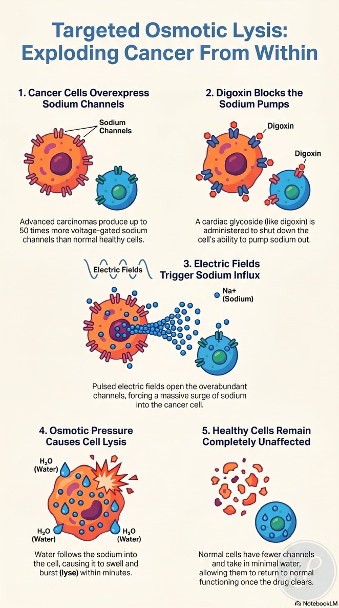 Educational infographic titled Targeted Osmotic Lysis: Exploding Cancer From Within. Five-step research overview comparing cancer cells and healthy cells.