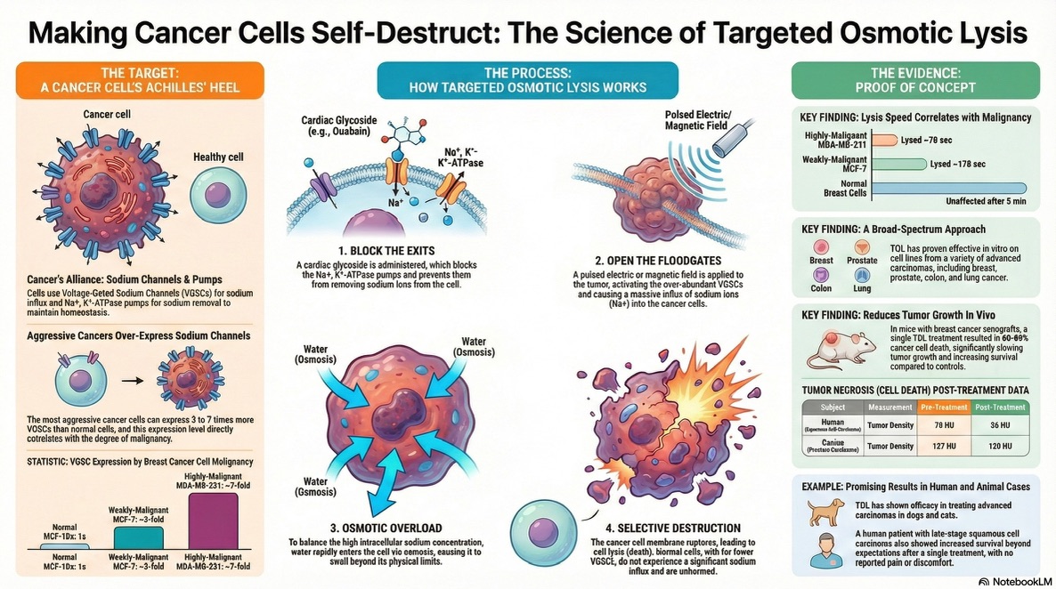 Educational infographic titled Making Cancer Cells Self-Destruct: The Science of Targeted Osmotic Lysis.
